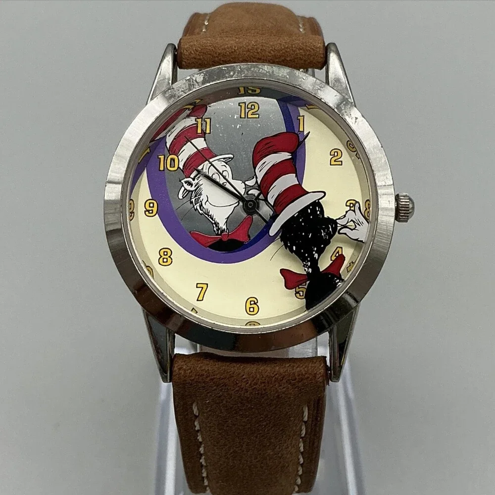 Vintage Dr. Seuss Mens Watch 33mm Cat In The Hat Brown Leather 1997 New Battery